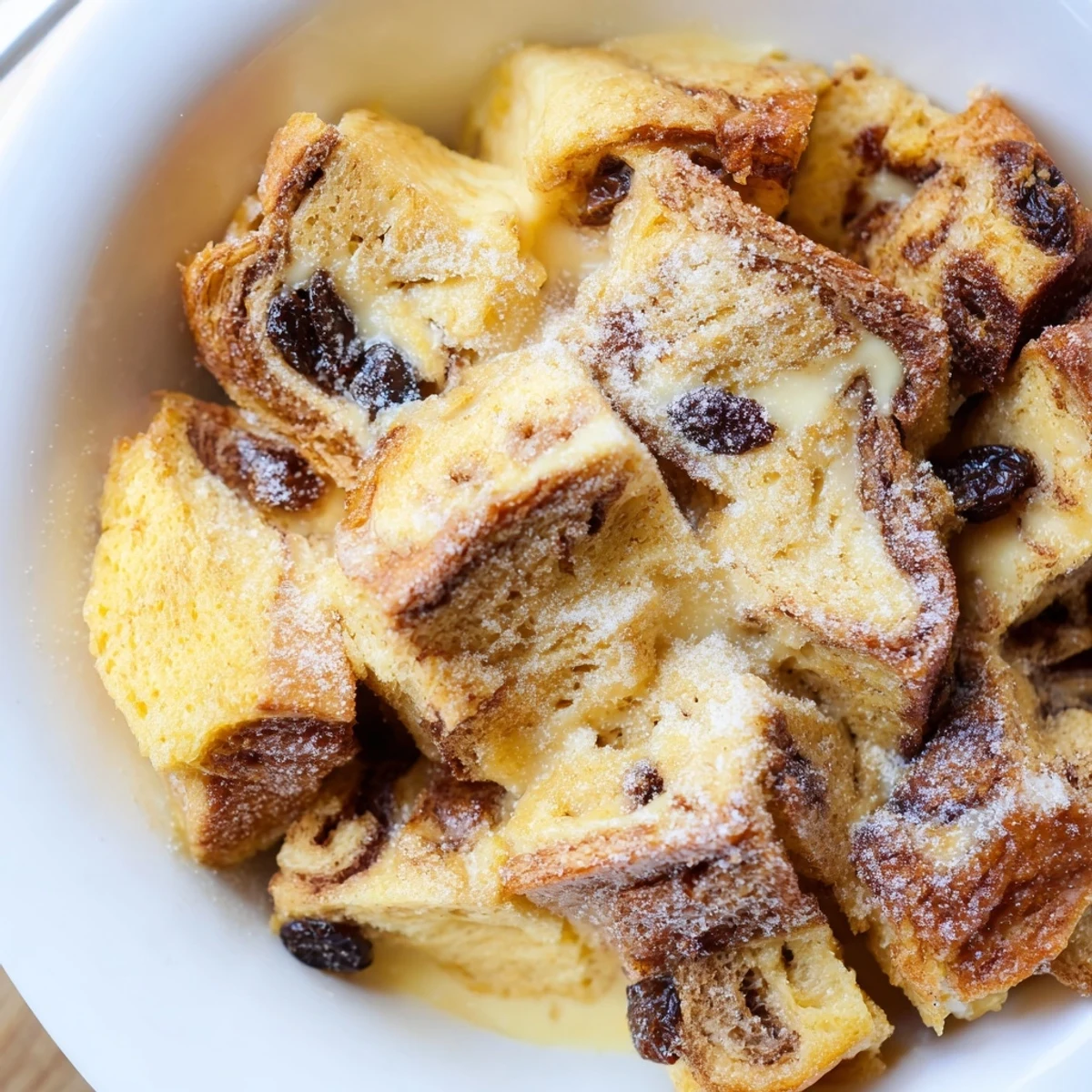 Comforting Cinnamon Roll Bread and Butter Pudding topped with a scoop of vanilla ice cream melting over the custardy, spiced bread cubes.
