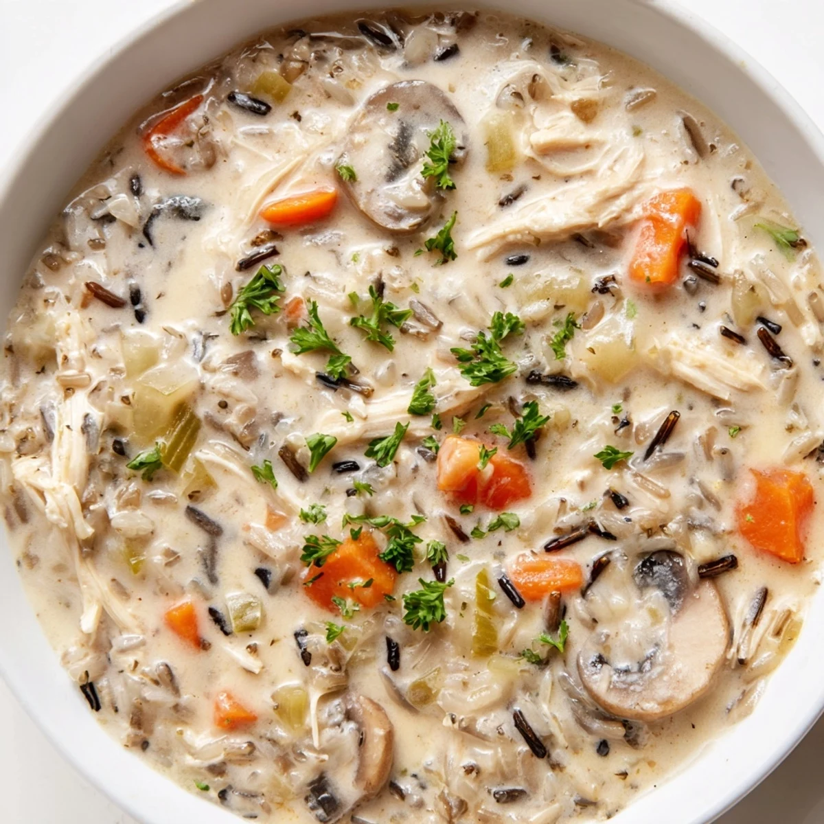 Creamy Chicken and Wild Rice Soup with Cream steams in a rustic bowl, garnished with fresh parsley and black pepper.