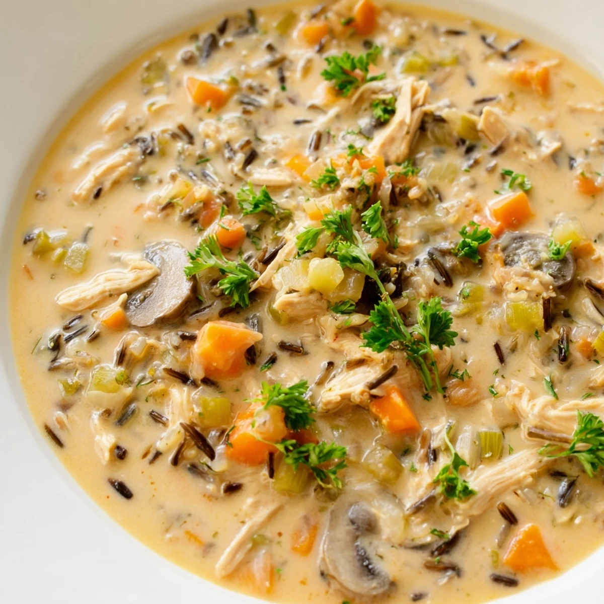 A cozy spoonful of Creamy Chicken and Wild Rice Soup with Cream reveals tender chicken, wild rice, and vegetables.