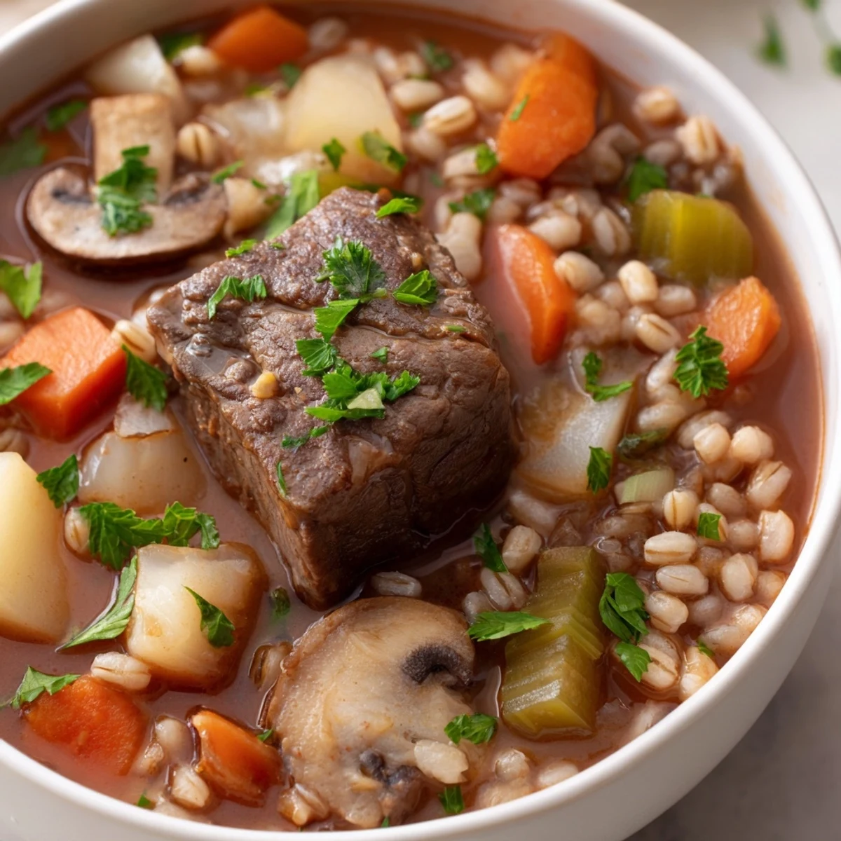 Hearty Beef and Pearl Barley Soup simmering in a rustic pot with tender beef chunks visible.
