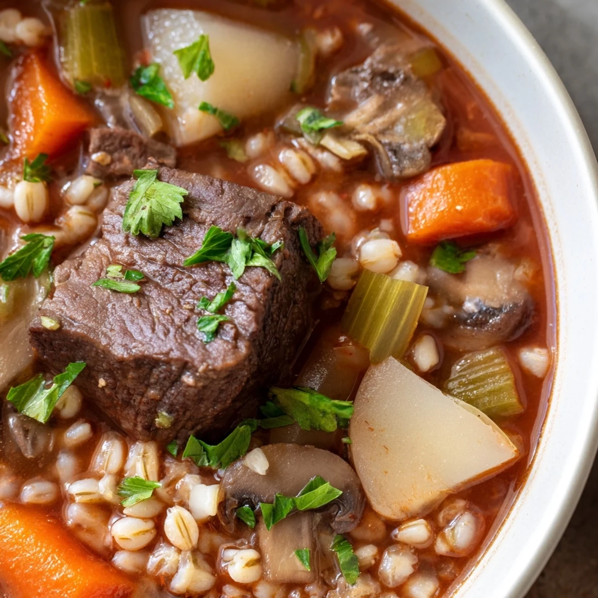 A close-up of a steaming bowl of Beef and Pearl Barley Soup, garnished with fresh parsley.