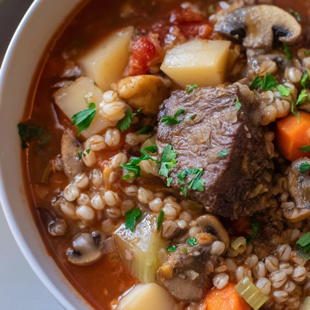 Beef and Pearl Barley Soup served in a white ceramic bowl beside crusty artisan bread.