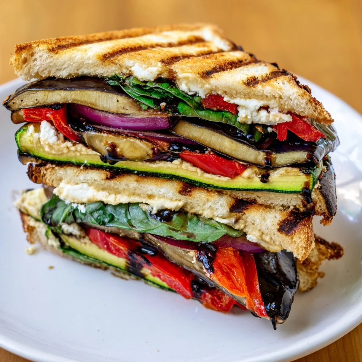 Grilled Vegetable Panini with Hummus on a plate, layered with smoky charred zucchini, bell peppers, and fresh spinach leaves.