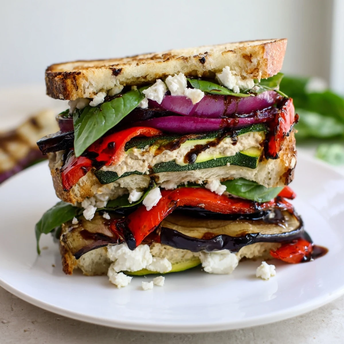 Freshly made Grilled Vegetable Panini with Hummus, sliced in half showing creamy hummus spread and vibrant grilled eggplant inside.