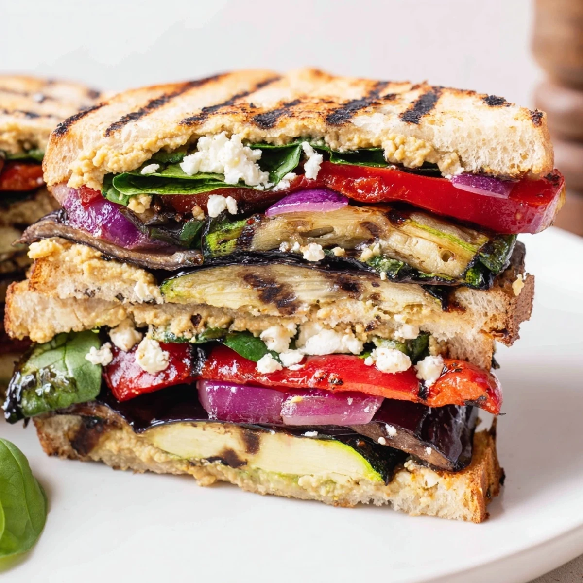 Golden pressed Grilled Vegetable Panini with Hummus served with balsamic glaze, featuring crisp ciabatta bread and fresh basil garnish.