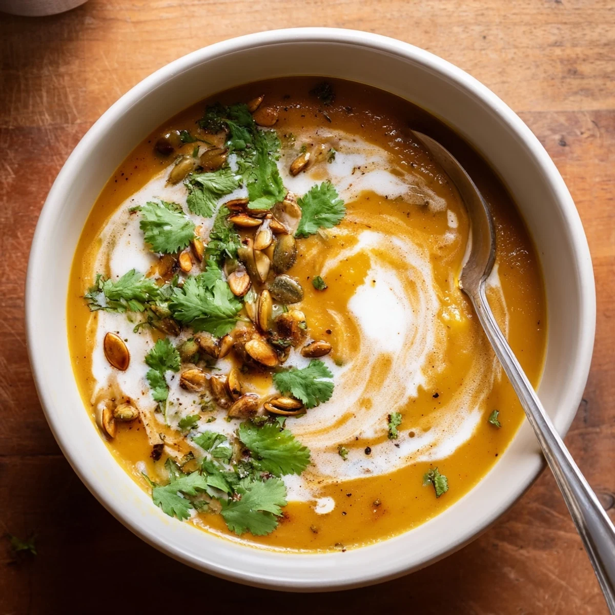 A bowl of creamy Butternut Squash Soup with Curry garnished with cilantro and pumpkin seeds, perfect for a cozy autumn meal.