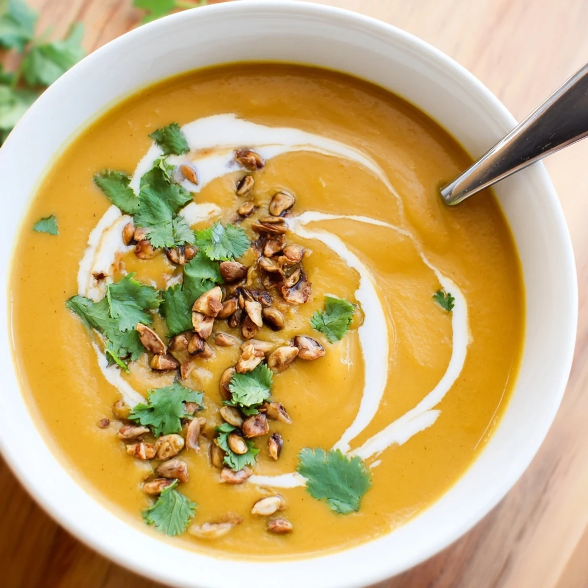 A ladle of golden Butternut Squash Soup with Curry held over a pot, highlighting the velvety texture and warm spices.