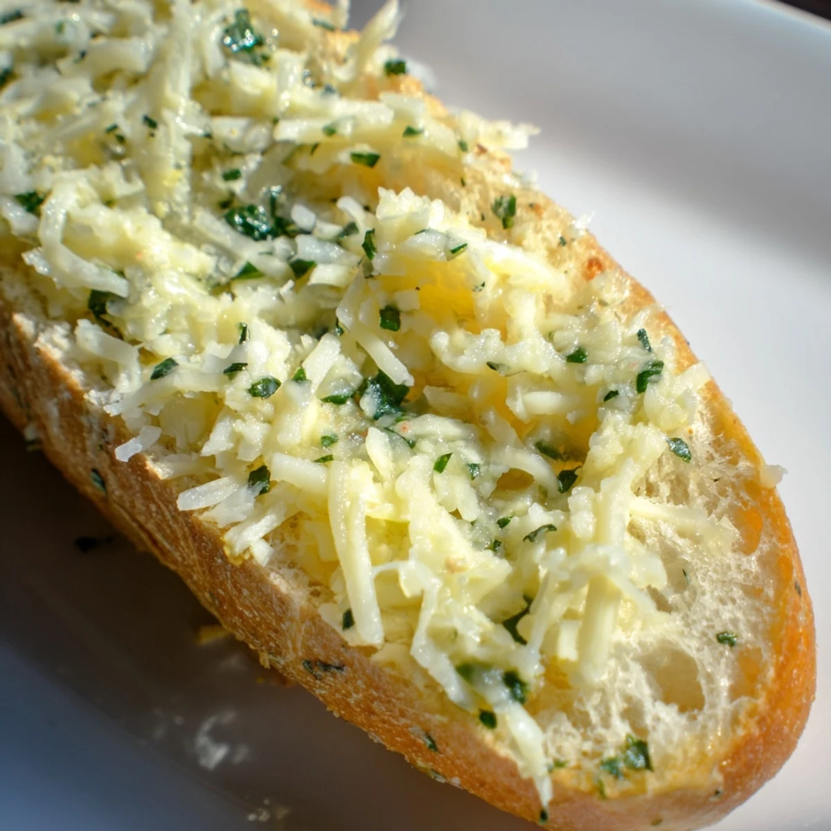 Golden, bubbly Garlic Bread with Cheese and Herbs fresh from the oven on a rustic wooden board.