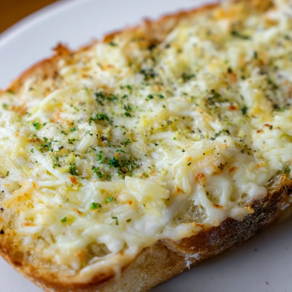 Melty mozzarella and fresh parsley top slices of homemade Garlic Bread with Cheese and Herbs on a baking sheet.