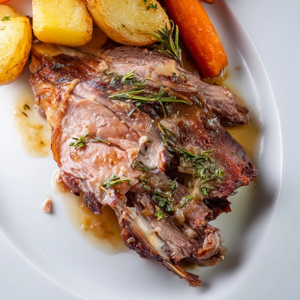 Perfectly roasted lamb with potatoes and carrots garnished with fresh rosemary and lemon wedges, ready to serve. 