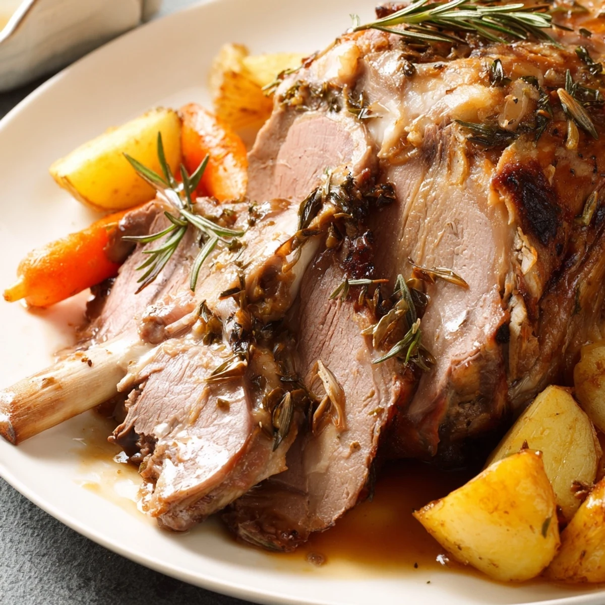Juicy slices of roasted lamb with potatoes and carrots, drizzled with pan juices for a comforting family meal. 