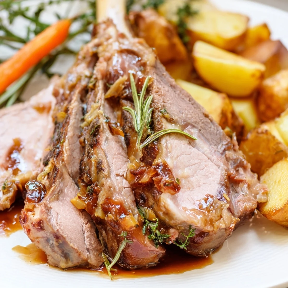 Golden roasted lamb, potatoes, and carrots in a rustic pan, garnished with fresh rosemary and thyme.