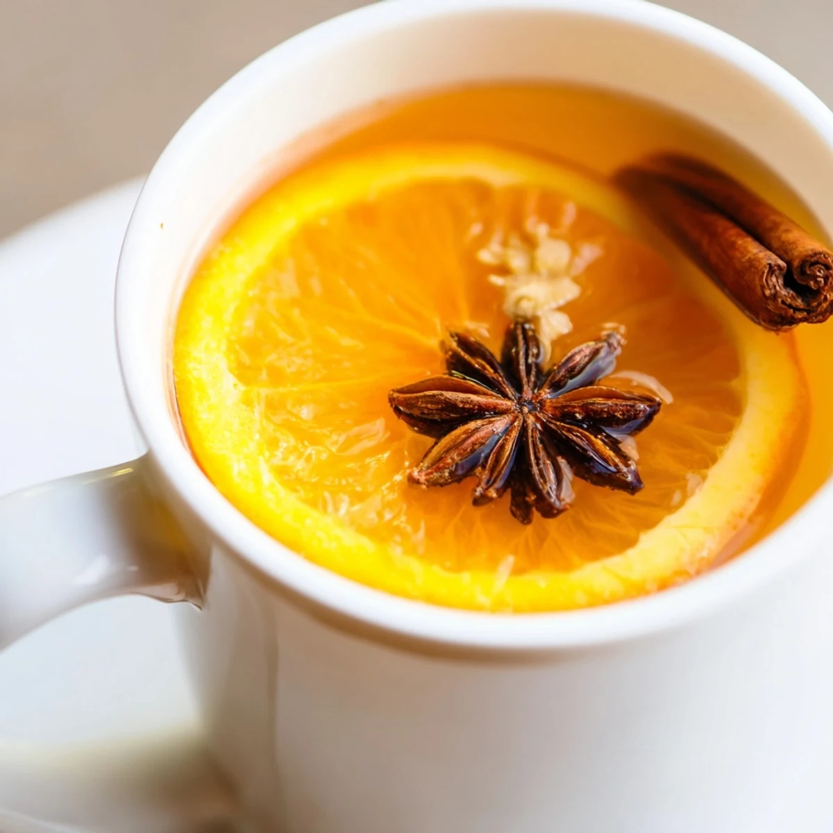 Freshly poured Spiced Apple Cider with Orange Slices, garnished with star anise and a slice of orange, ready to sip.