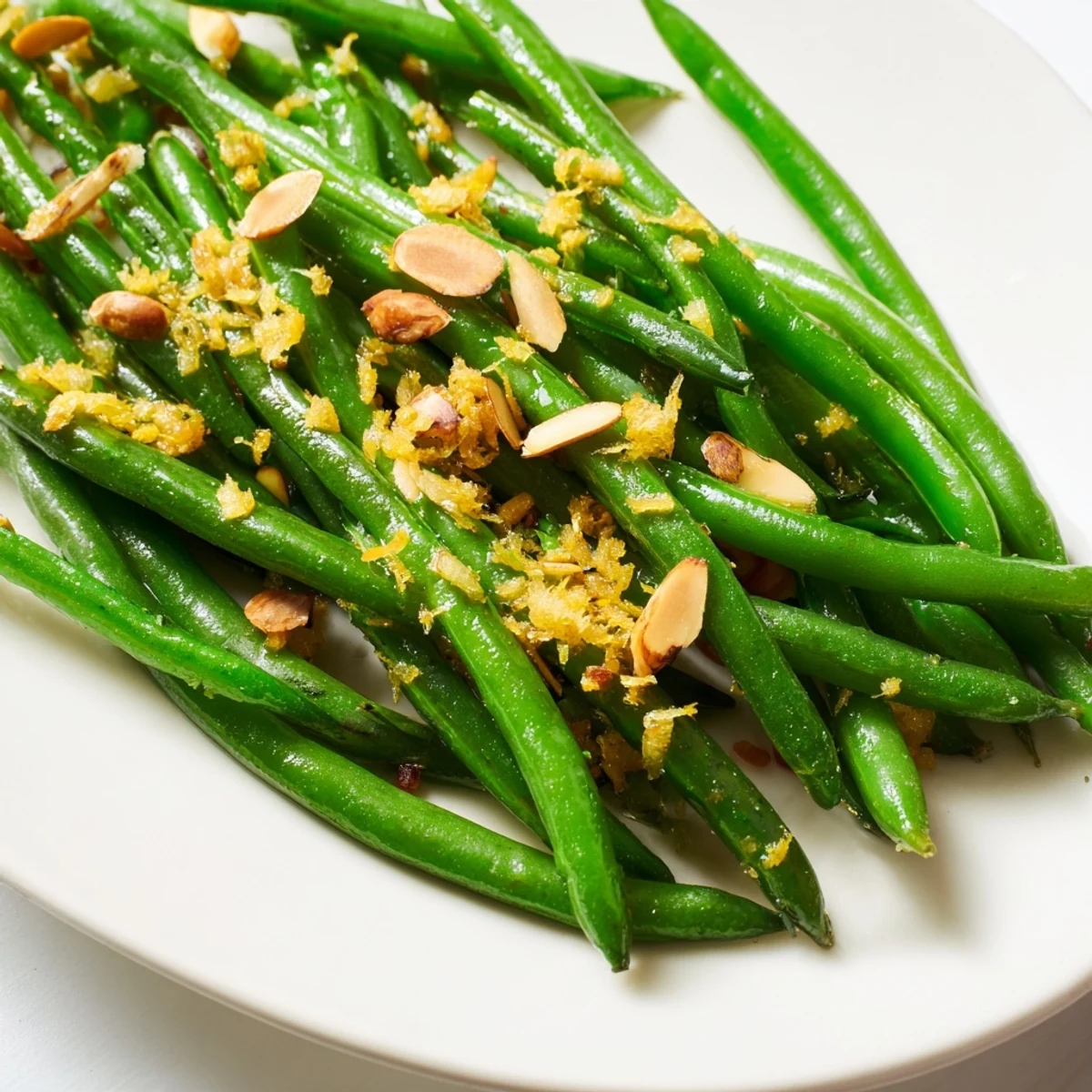 Savory lemon garlic green beans with crunchy almonds served alongside a plated chicken dinner.