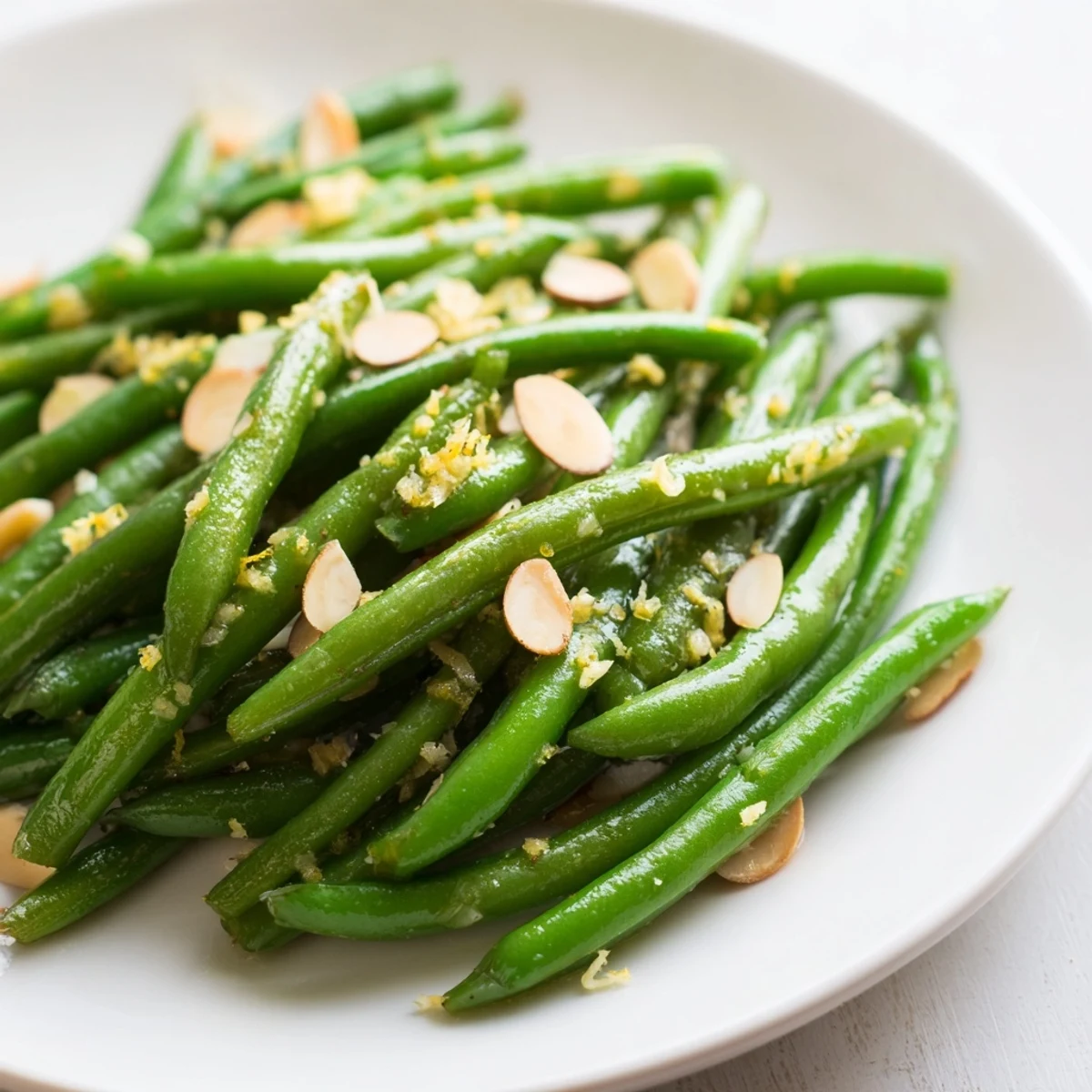 Crisp blanched green beans, fragrant garlic, and lemon zest garnished with golden toasted almonds.