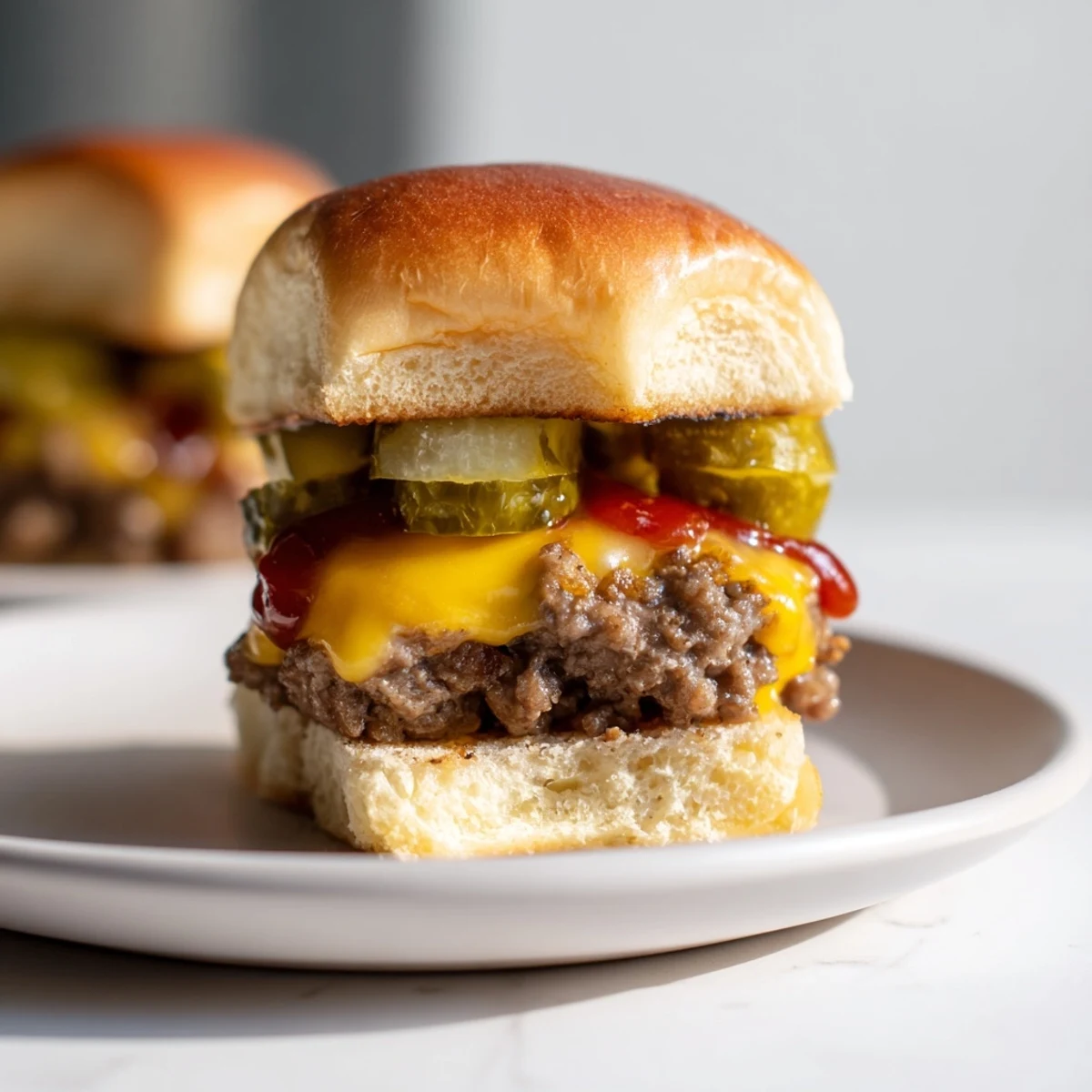 Golden-brown mini beef patties topped with melted cheddar and crisp dill pickles on toasted slider buns.
