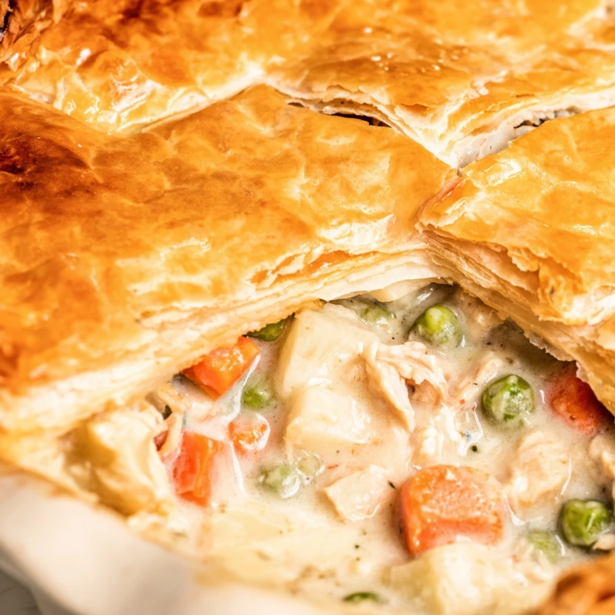 Hearty Turkey Pot Pie with Puff Pastry Crust reveals creamy turkey and vegetable filling through a steam vent.
