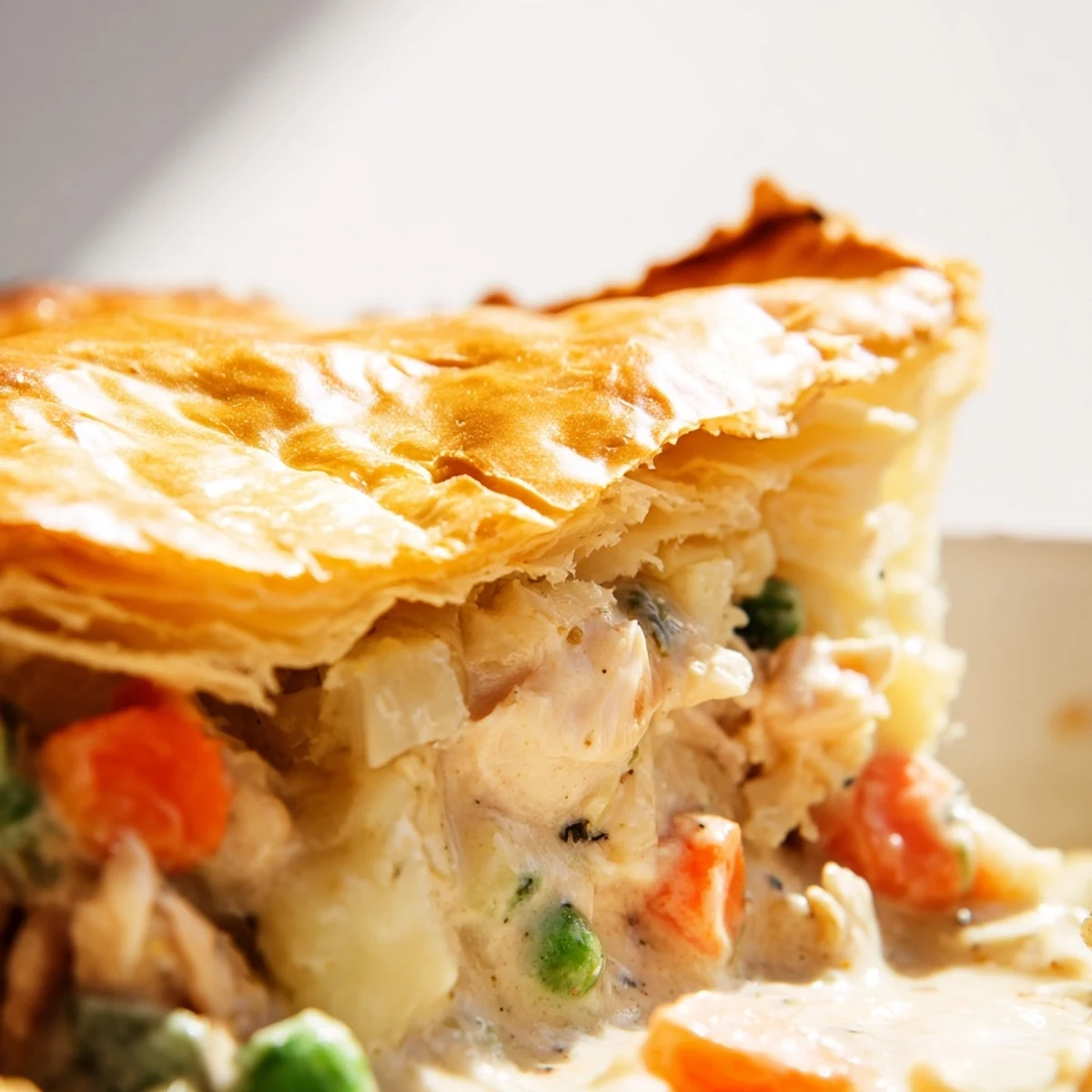 Sliced wedge of Turkey Pot Pie with Puff Pastry Crust on a plate, ready to serve with a salad.