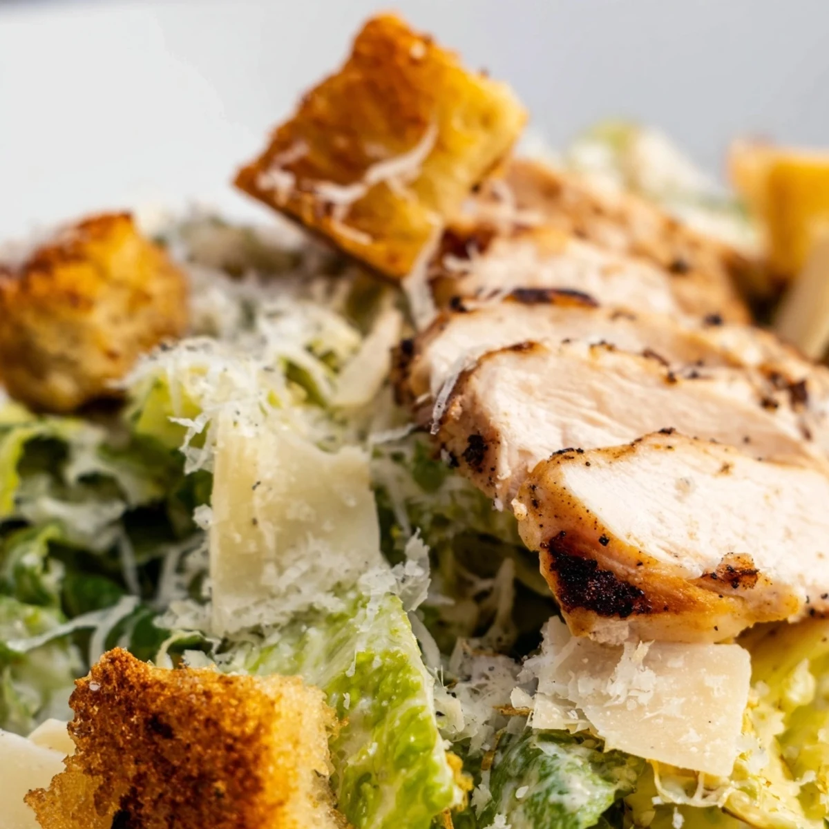 A hearty Chicken Caesar Salad plated with parmesan shavings and creamy dressing, ready to serve.