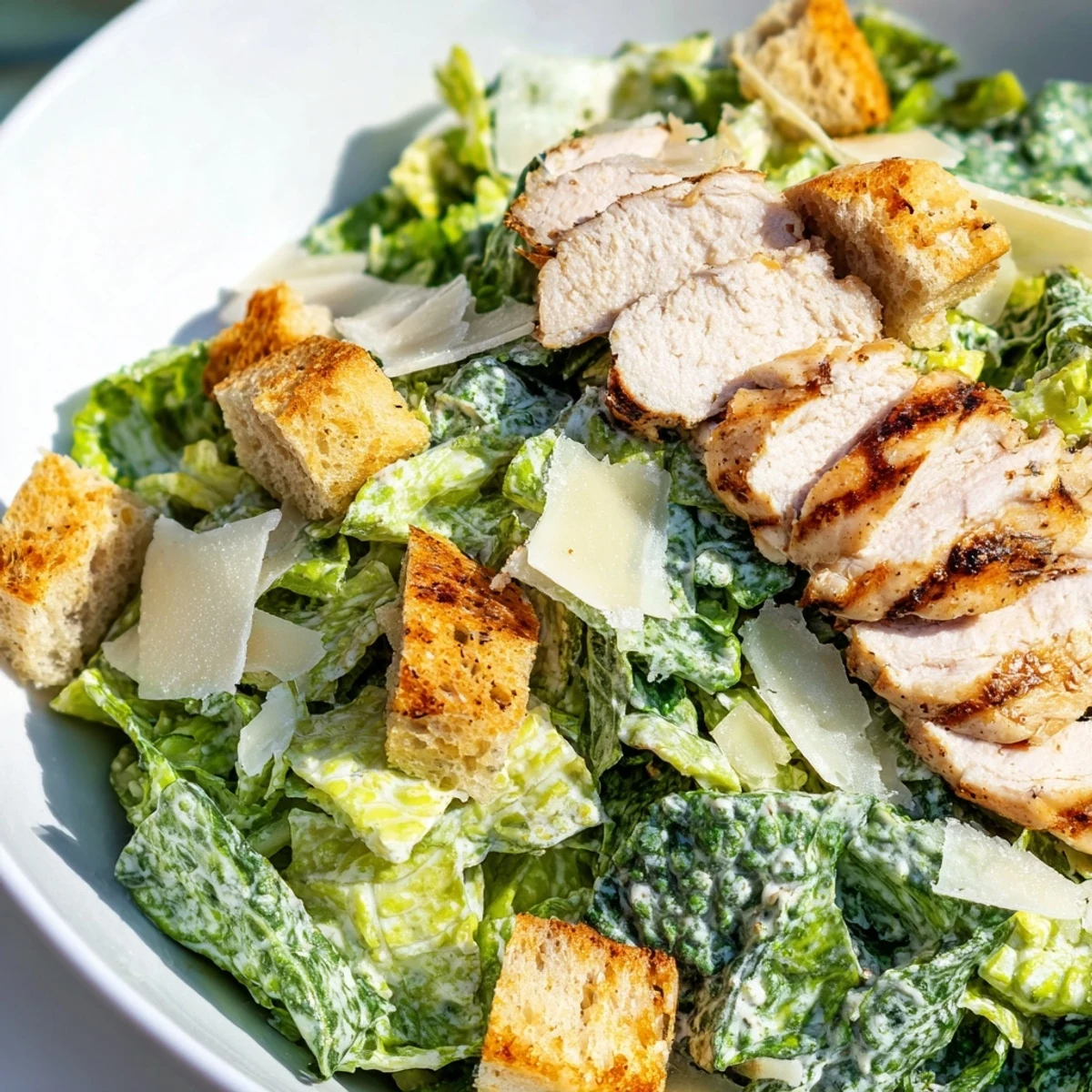 Juicy grilled chicken, crisp romaine, and golden homemade croutons in a fresh Chicken Caesar Salad.