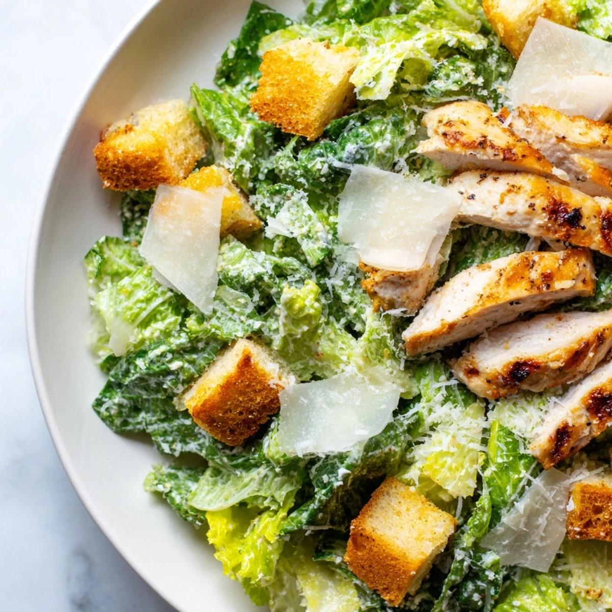 Close-up of Chicken Caesar Salad showing grilled chicken slices, crunchy croutons, and rich Caesar dressing.