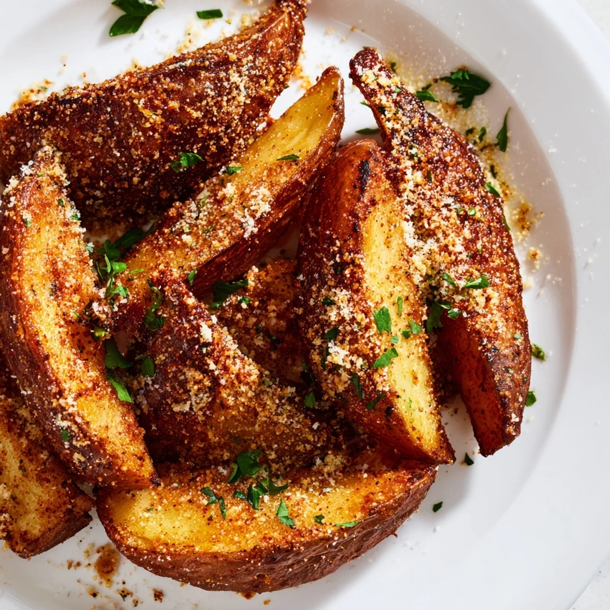 Golden brown Crispy Oven Baked Potato Wedges with fresh parsley and Parmesan cheese on a rustic wooden board.