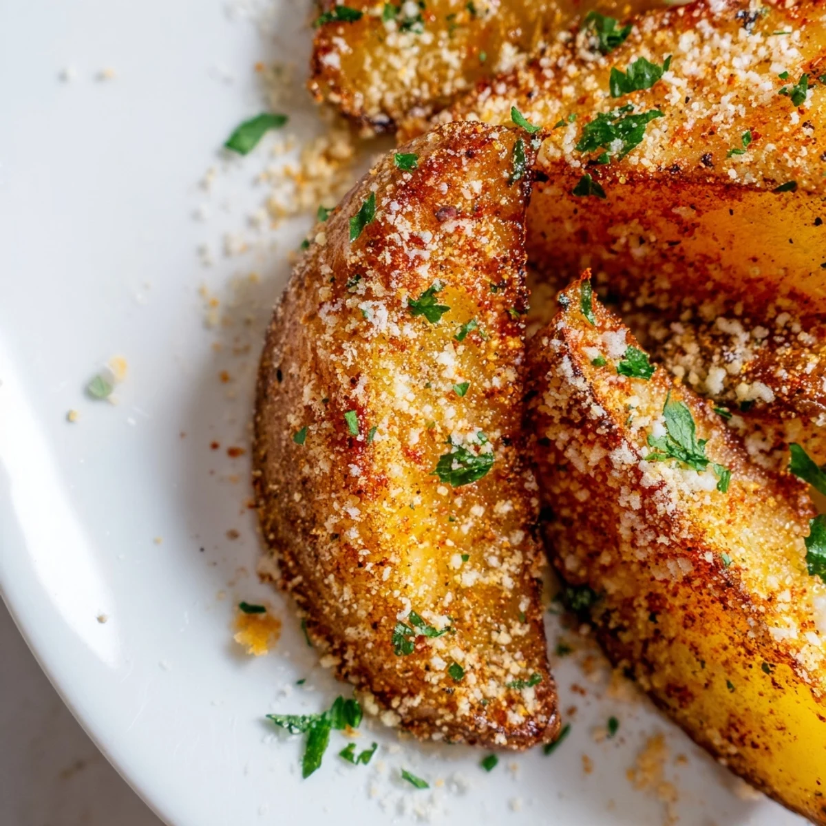 Freshly baked Crispy Oven Baked Potato Wedges cooling on a wire rack, showing a perfectly crunchy exterior texture.