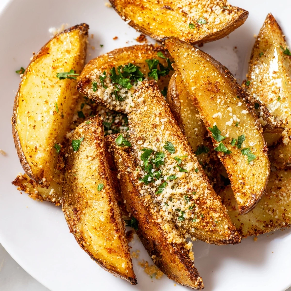 Homemade Crispy Oven Baked Potato Wedges seasoned with smoked paprika and garlic, served with ketchup for dipping.