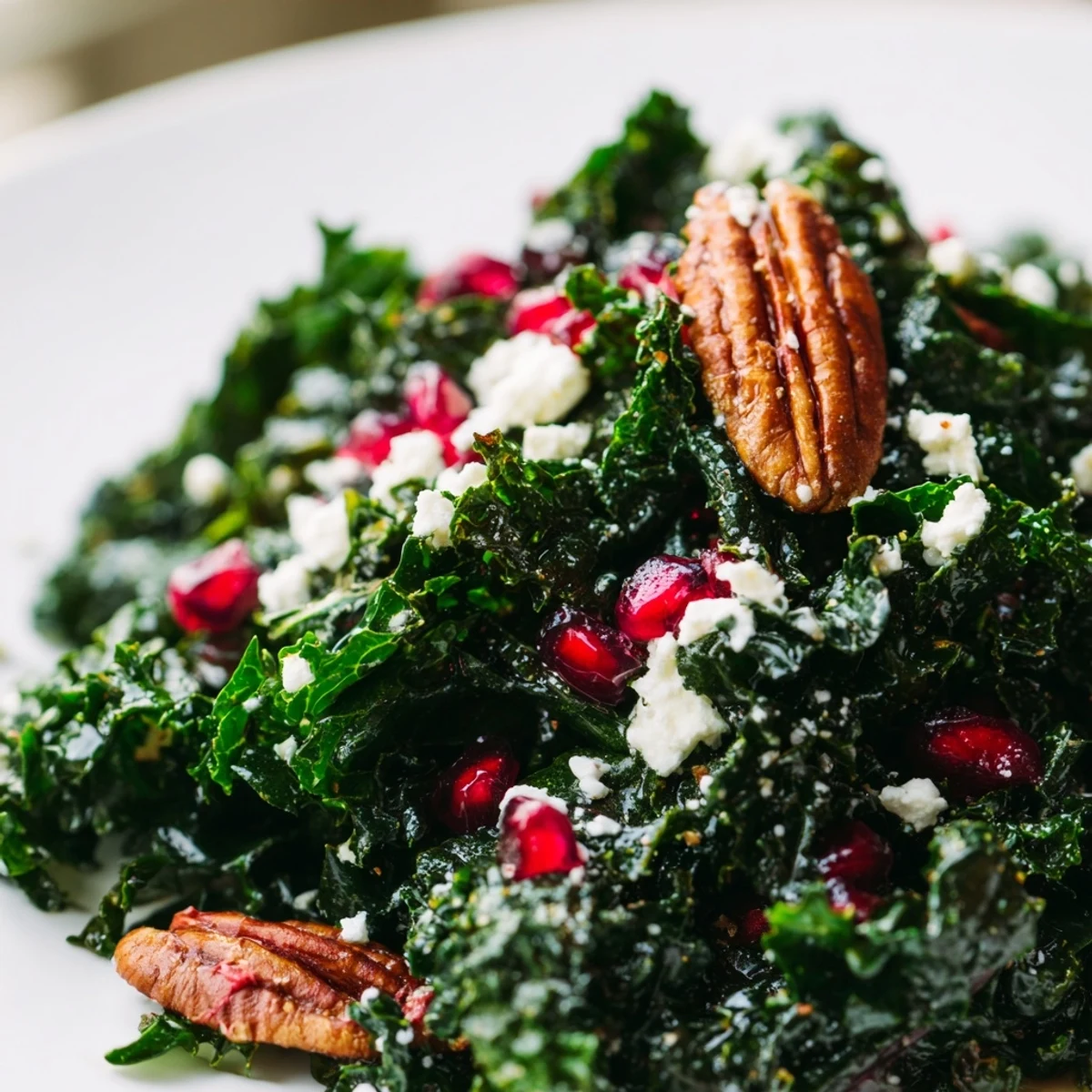 Vibrant Winter Kale Salad with Pomegranate and Pecans topped with toasted nuts and bright citrus dressing.