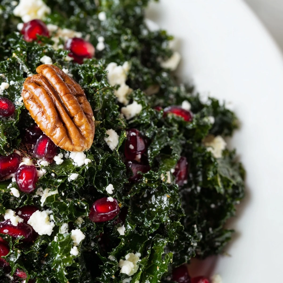 Winter Kale Salad with Pomegranate and Pecans served with crumbled feta and apple slices.