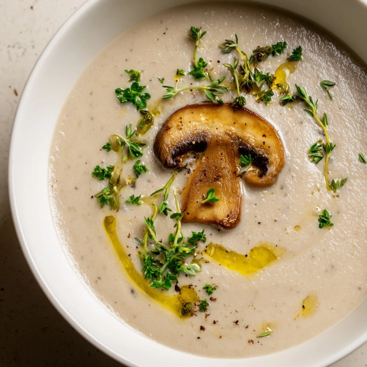 Creamy Mushroom Soup with Thyme is garnished with fresh parsley, its velvety texture steaming in a rustic bowl next to crusty bread.