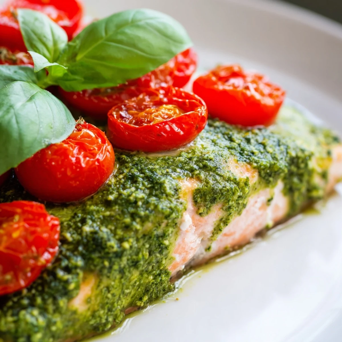 Close-up of Baked Salmon with Pesto and Cherry Tomatoes baked to perfection with blistered tomatoes and fresh basil garnish.