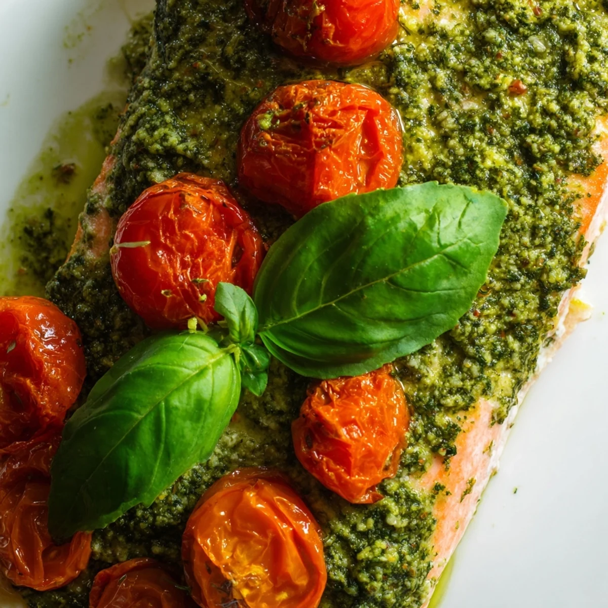 Platter of Baked Salmon with Pesto and Cherry Tomatoes served over rice with lemon wedges and a glass of white wine.