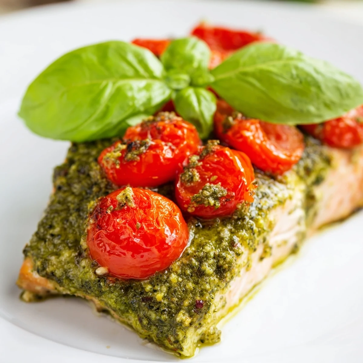 Fresh ingredients for Baked Salmon with Pesto and Cherry Tomatoes arranged on a baking tray before going into the oven.