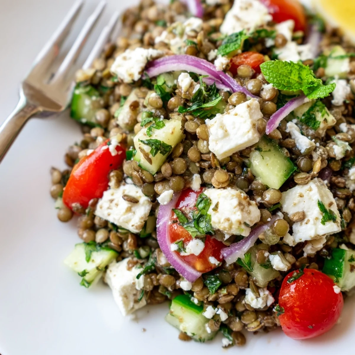 This vibrant Mediterranean Lentil Salad is topped with briny Kalamata olives and a zesty lemon-oregano vinaigrette.