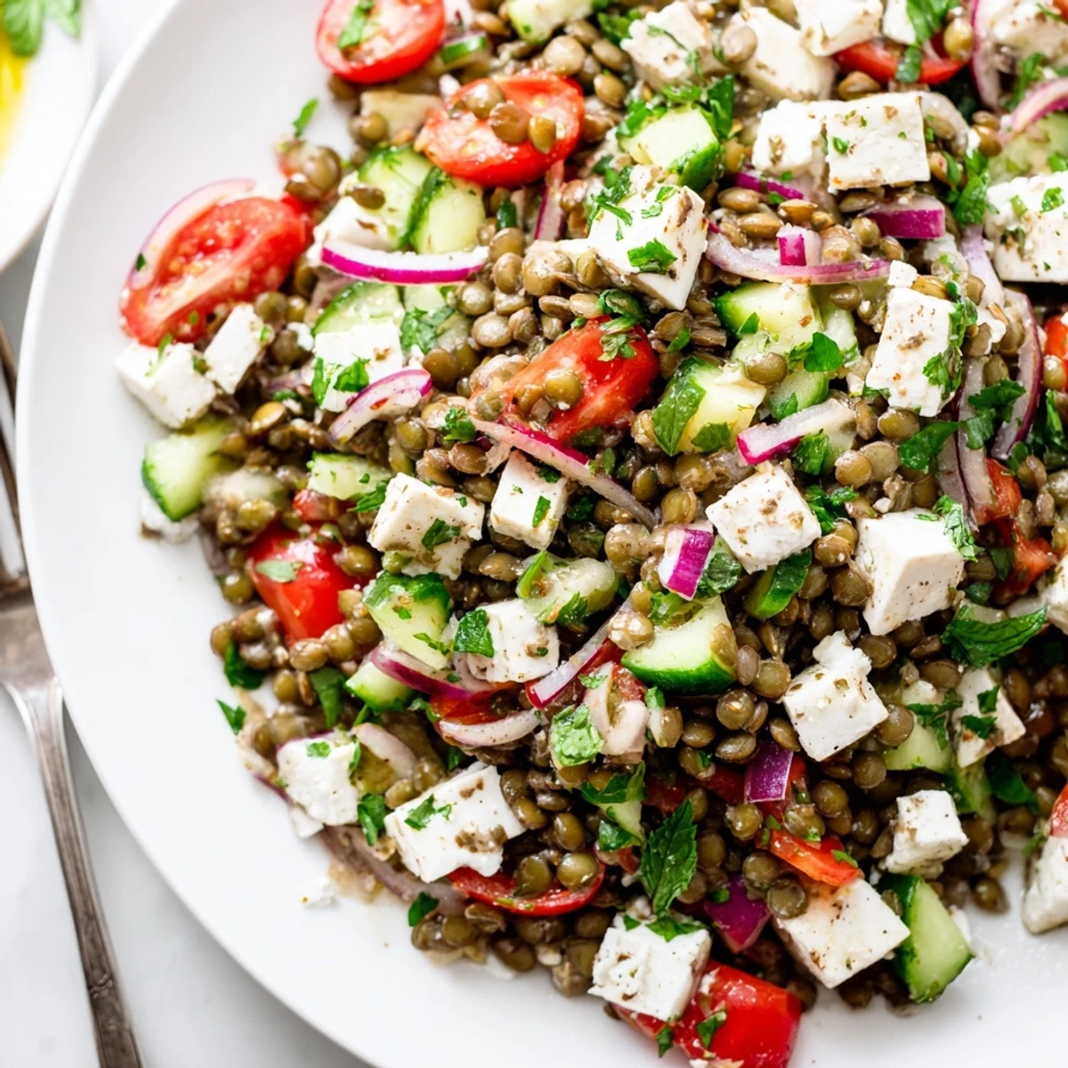A beautiful bowl of Mediterranean Lentil Salad with crumbled feta and fresh herbs, ready for a healthy lunch.