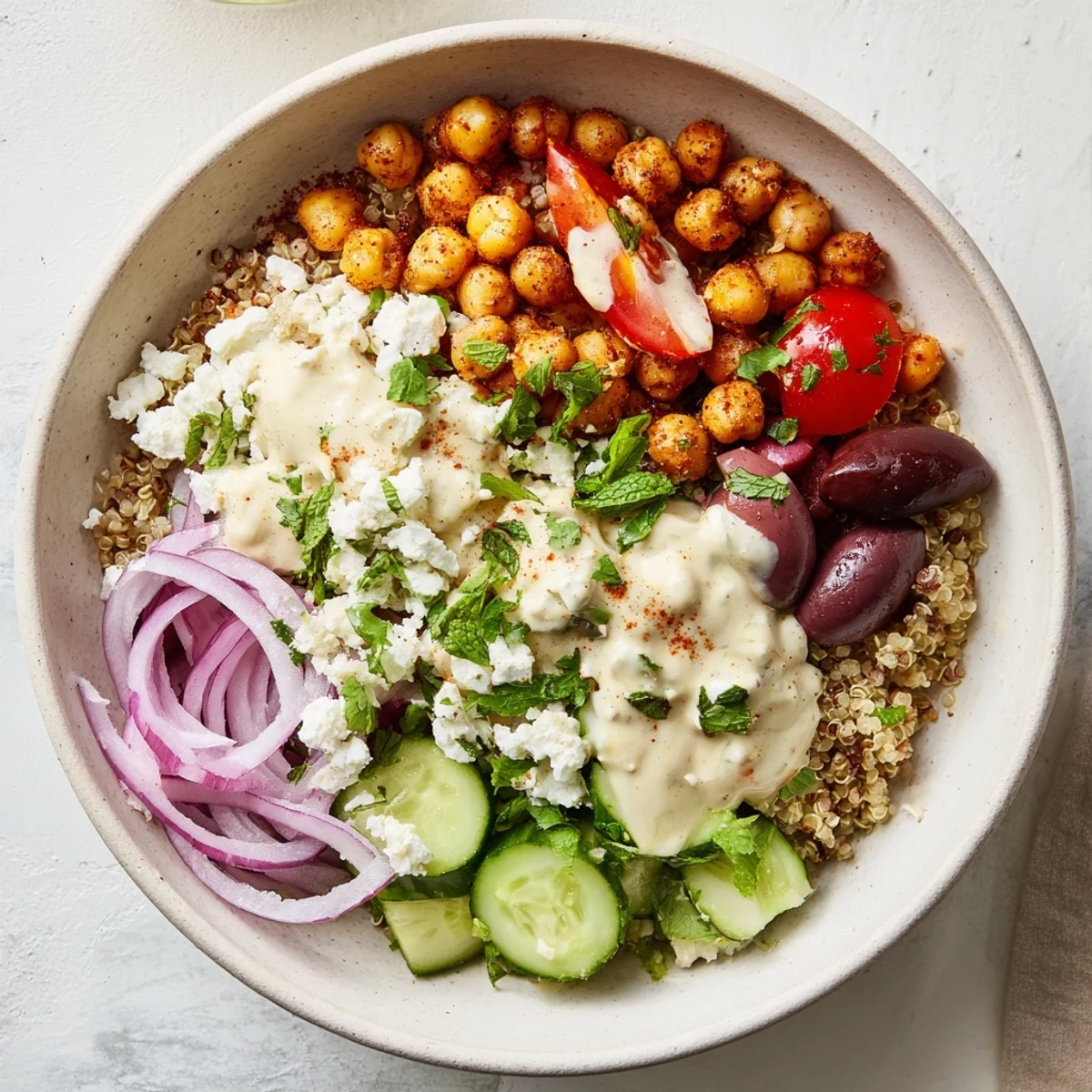 A vibrant Mediterranean Meal Bowl topped with Kalamata olives, fresh parsley, and mint, served as a healthy, vegetarian lunch or dinner.
