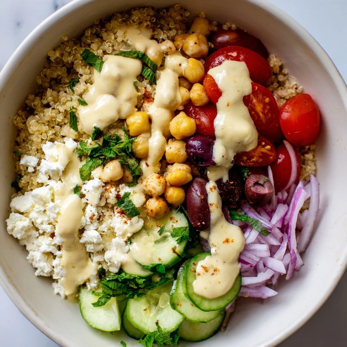 Overhead view of a Mediterranean Meal Bowl with quinoa, crispy chickpeas, cherry tomatoes, cucumber, and feta cheese drizzled with creamy lemon-tahini dressing.