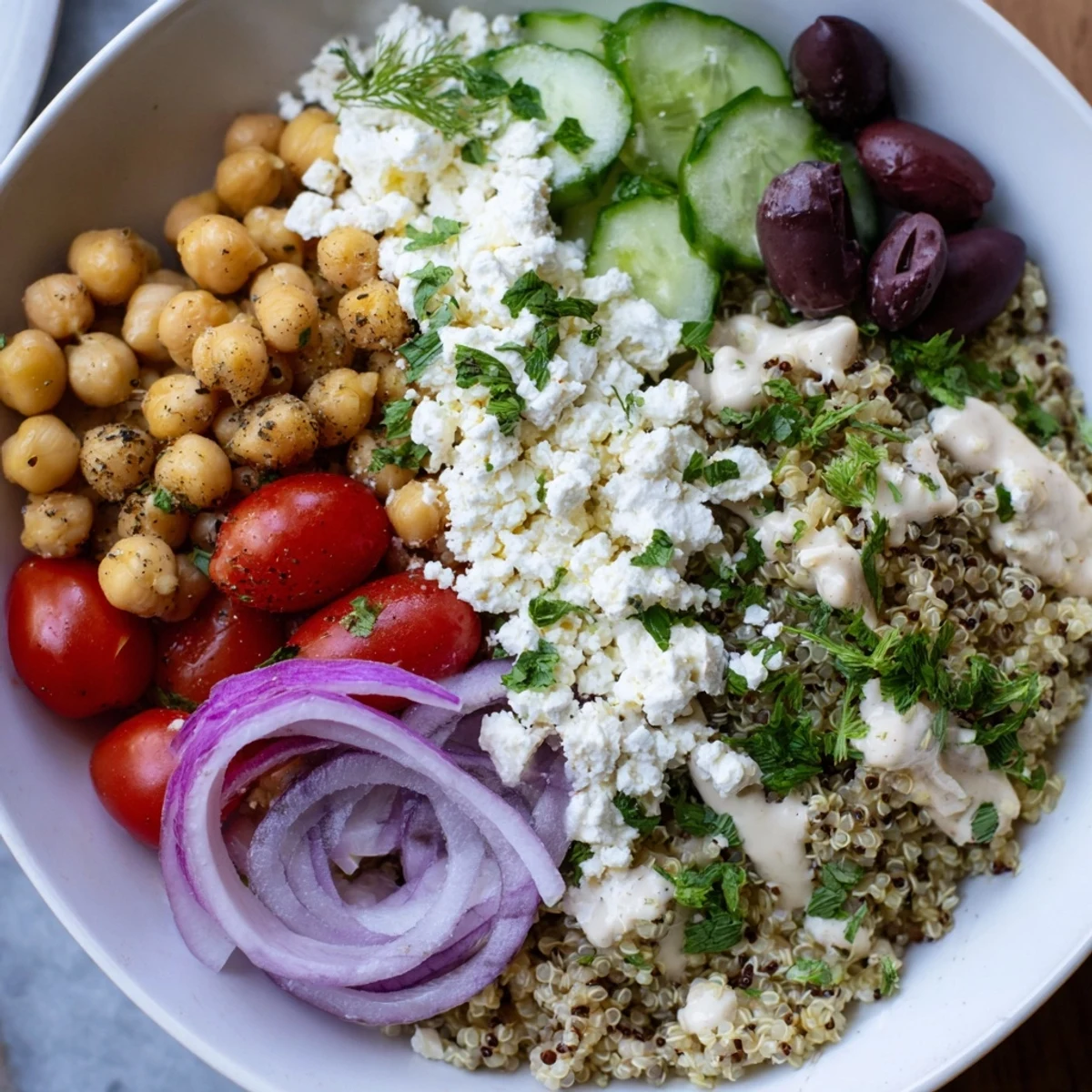 Close-up of a gluten-free Mediterranean Meal Bowl featuring sautéed chickpeas, diced vegetables, and herbed grains with a rich, tangy tahini sauce.