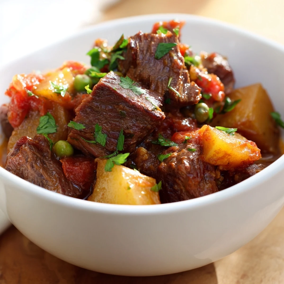 Tender beef chuck roast, carrots, and potatoes simmer in a savory broth in the Slow Cooker Meal Pot, garnished with fresh parsley. 
