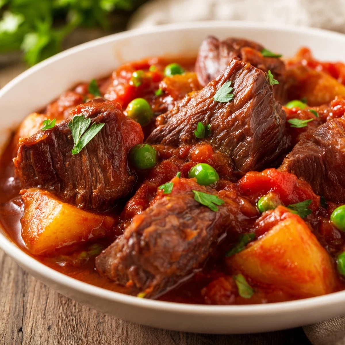 A close-up of the hearty Slow Cooker Meal Pot, featuring slow-cooked beef chunks, carrots, and potatoes in a rich, steaming broth. 