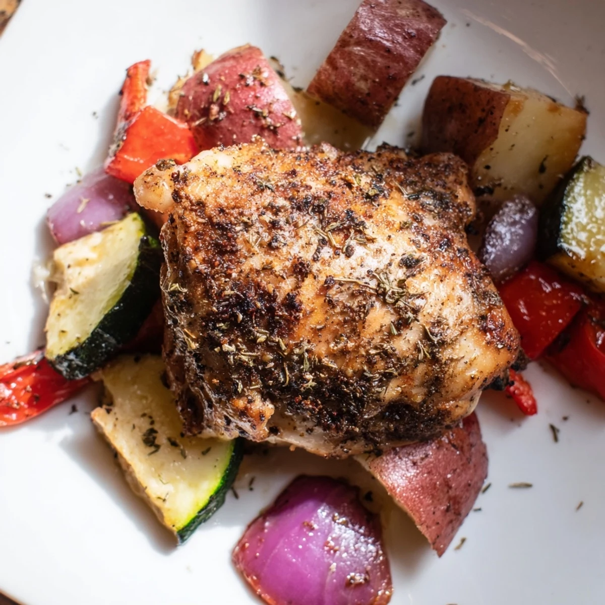 Golden-brown Roasted Meal Pan with crispy chicken thighs nestled among caramelized red potatoes, carrots, and zucchini