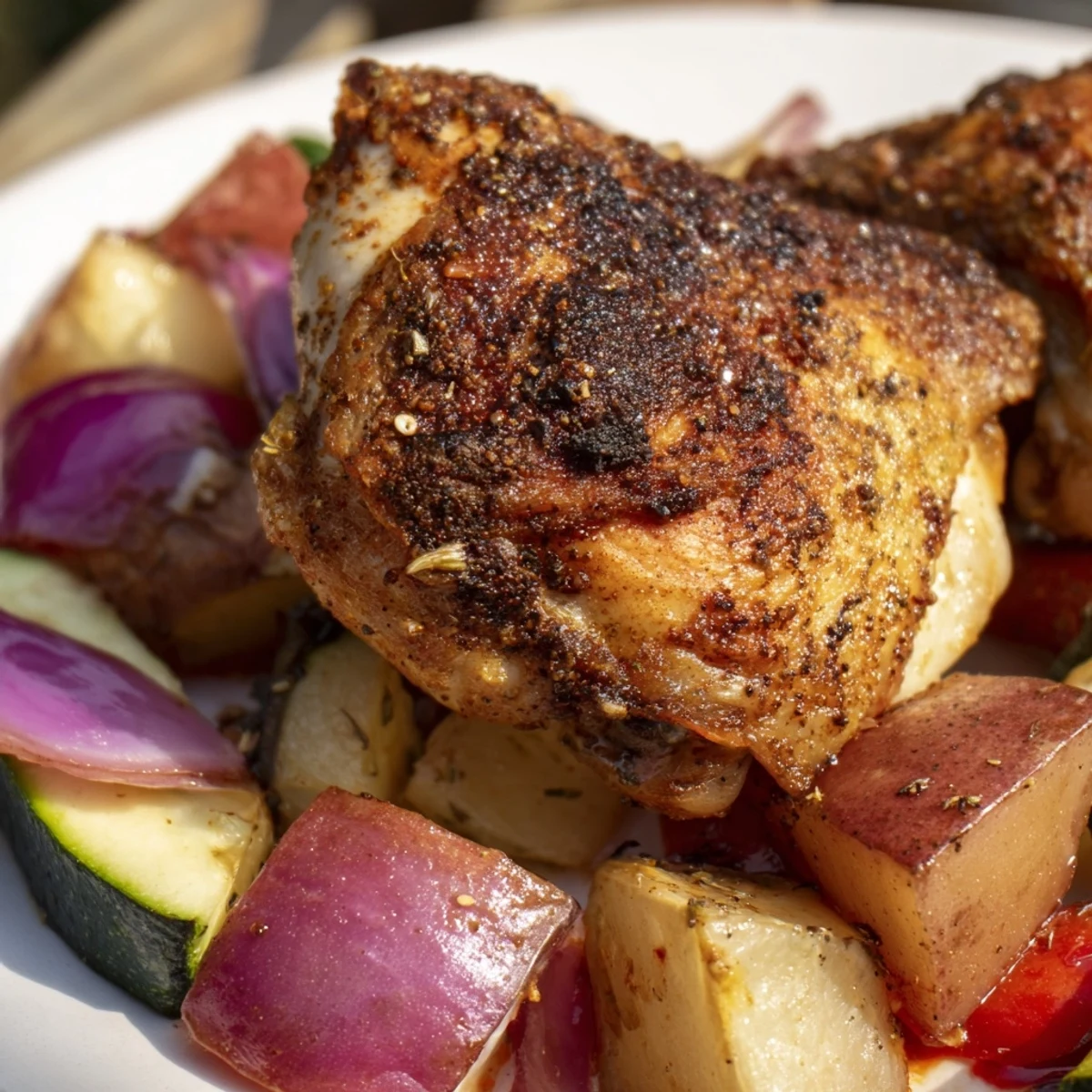 Fork-tender Roasted Meal Pan featuring juicy chicken and colorful vegetables, served hot from the oven with fresh parsley garnish
