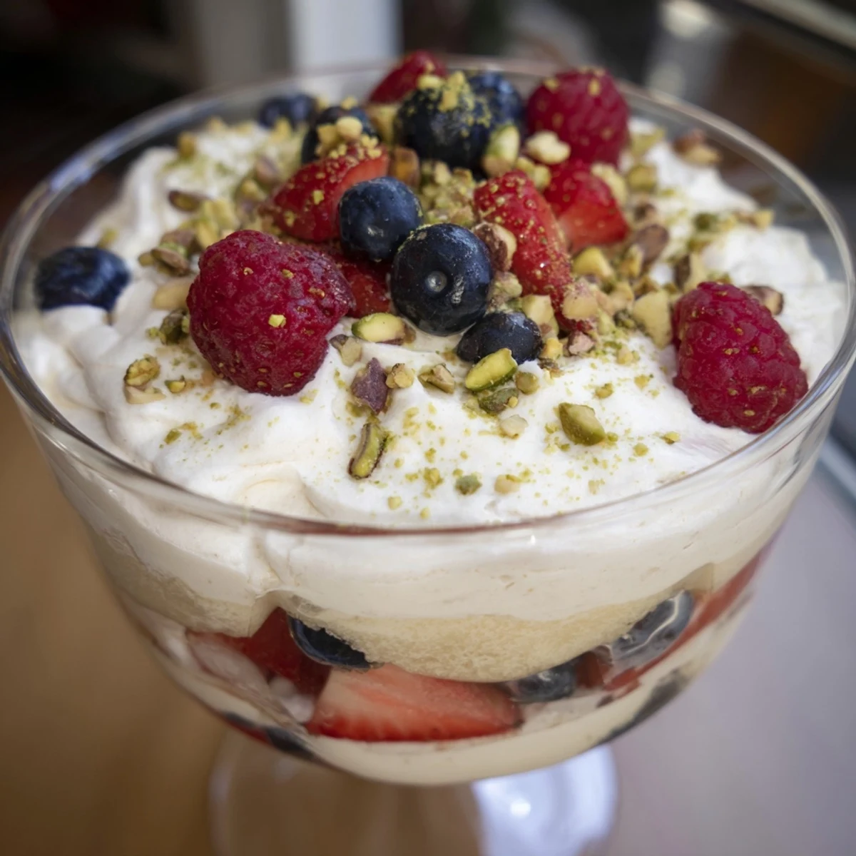 Creamy Treat Dessert in chilled serving glasses, layered with vanilla custard, fluffy whipped cream, and fresh mixed berries.