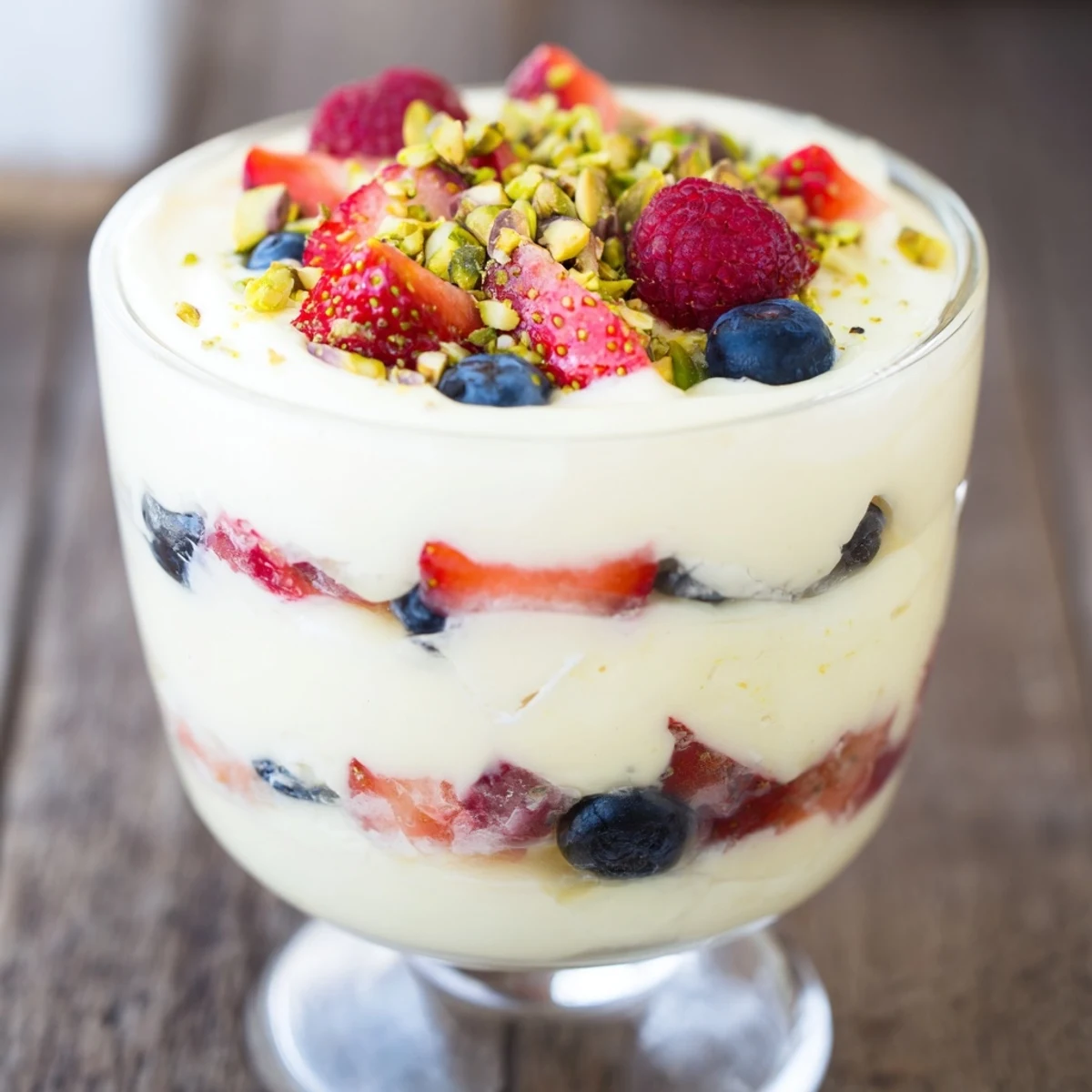 Freshly layered Creamy Treat Dessert topped with juicy strawberries and blueberries, ready to serve chilled for an easy crowd-pleasing finale.