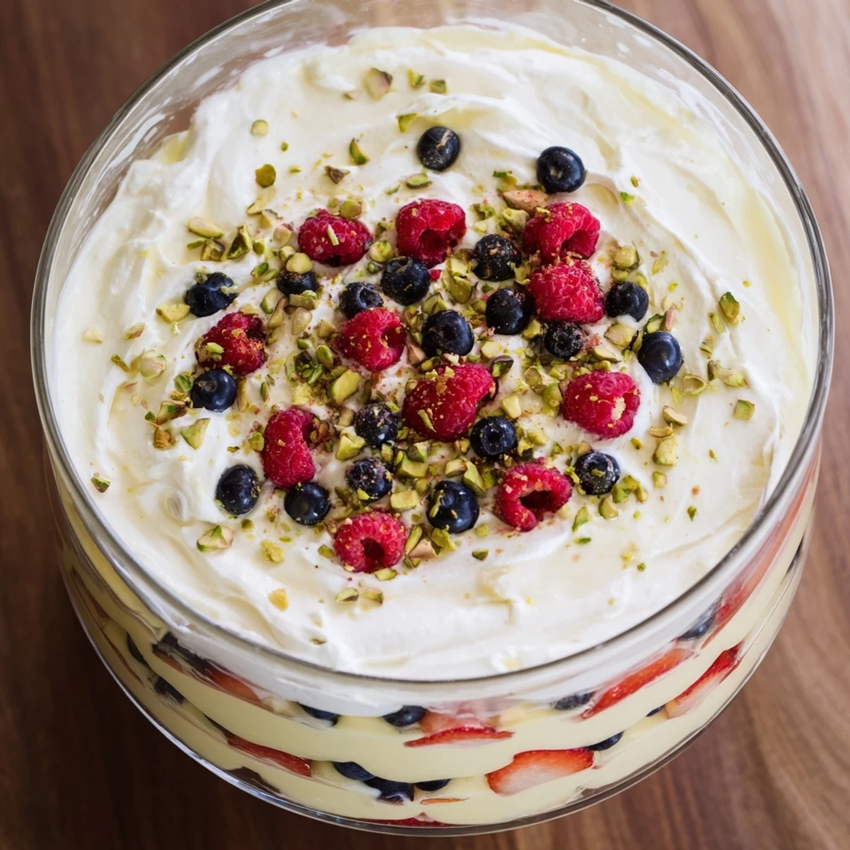 Velvety Creamy Treat Dessert with smooth vanilla custard, airy whipped cream, and vibrant fresh berries, finished with chopped pistachios.