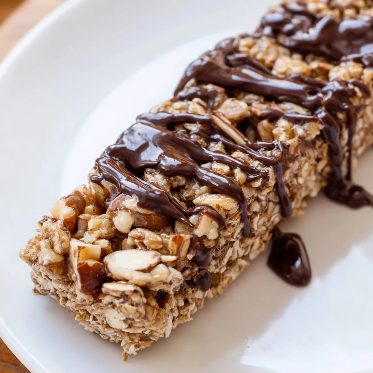 Homemade Chocolate Snack Bars featuring oats, almonds, and walnuts, drizzled with melted dark chocolate on a marble surface.