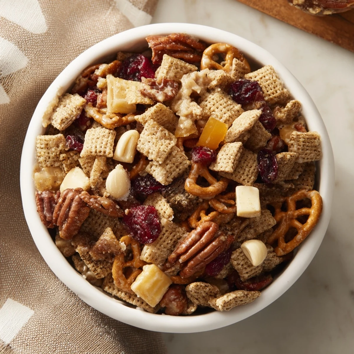 Golden-brown Winter Snack Mix with toasted almonds and pecans in a rustic wooden bowl.