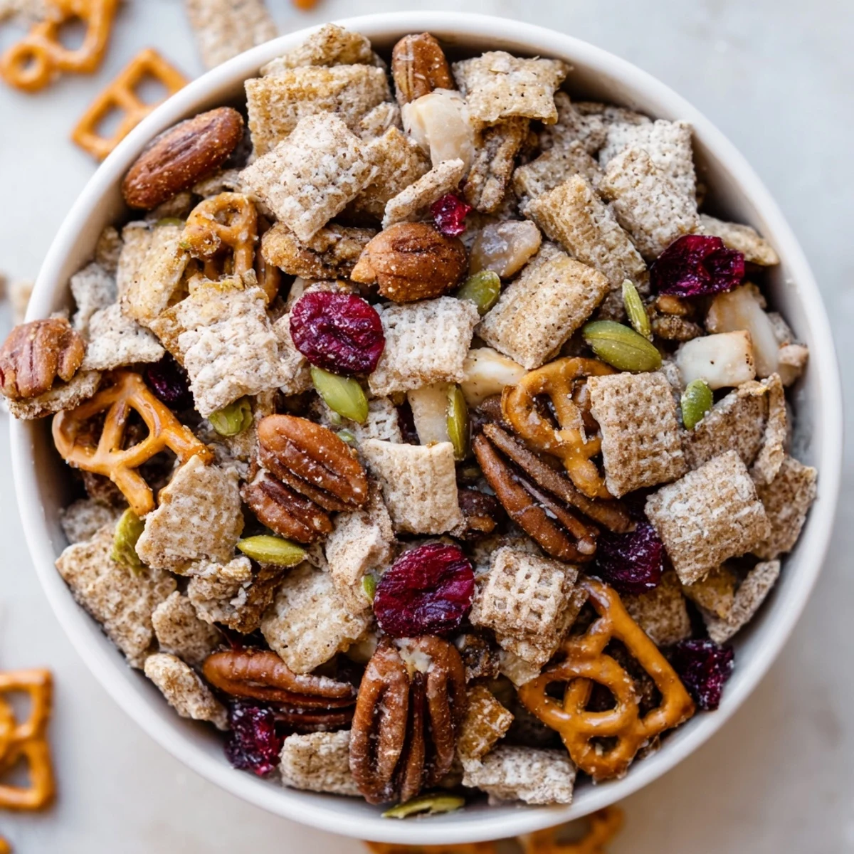 A close-up of Winter Snack Mix featuring sweet dried apricots and tart cranberries.