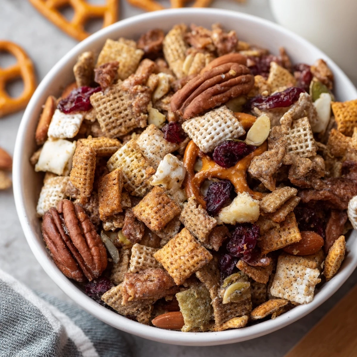 Winter Snack Mix piled high on a baking sheet with parchment paper and spices.